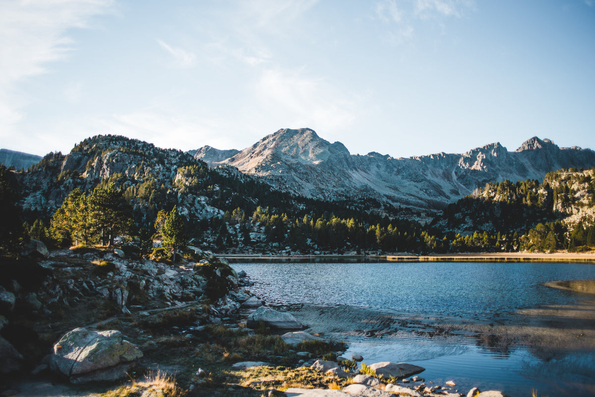 Clear mountain lake surrounded by green slopes