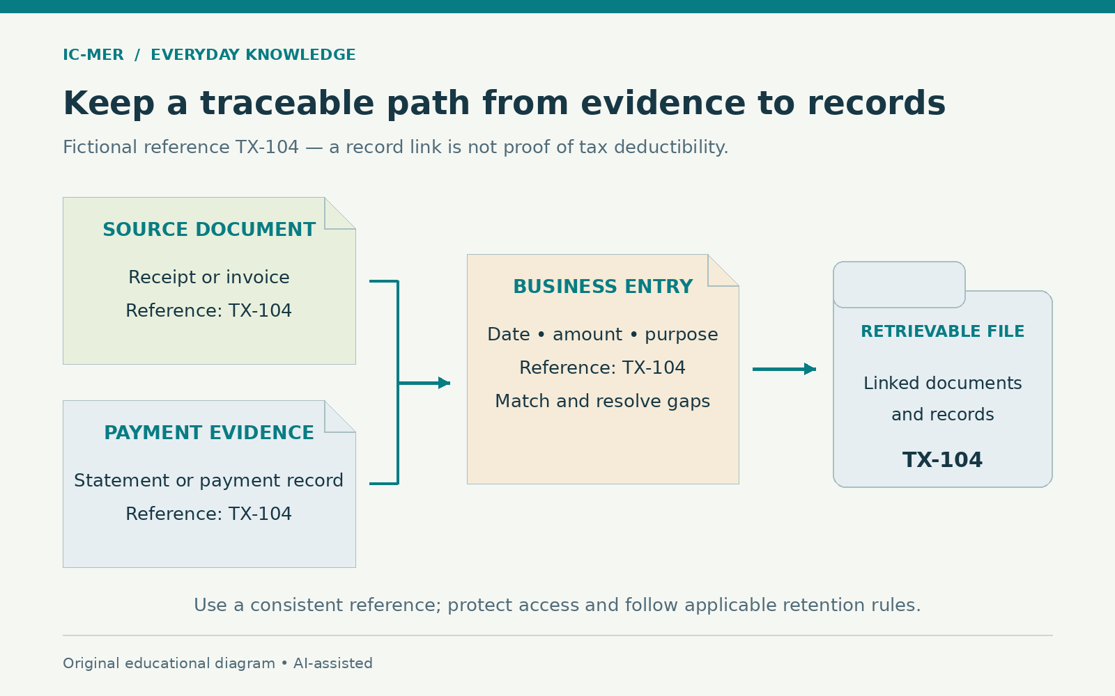 A fictional transaction reference TX-104 links a receipt or invoice and payment evidence to a business entry with date, amount and purpose, then to a retrievable file containing the linked documents and records.