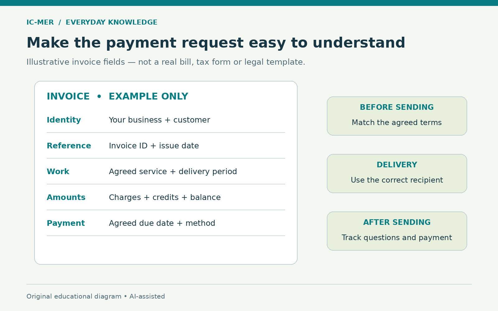 An illustrative invoice groups identity, invoice reference, work description, amounts and agreed payment details. Three checks are to match agreed terms, use the correct recipient and track questions and payment.