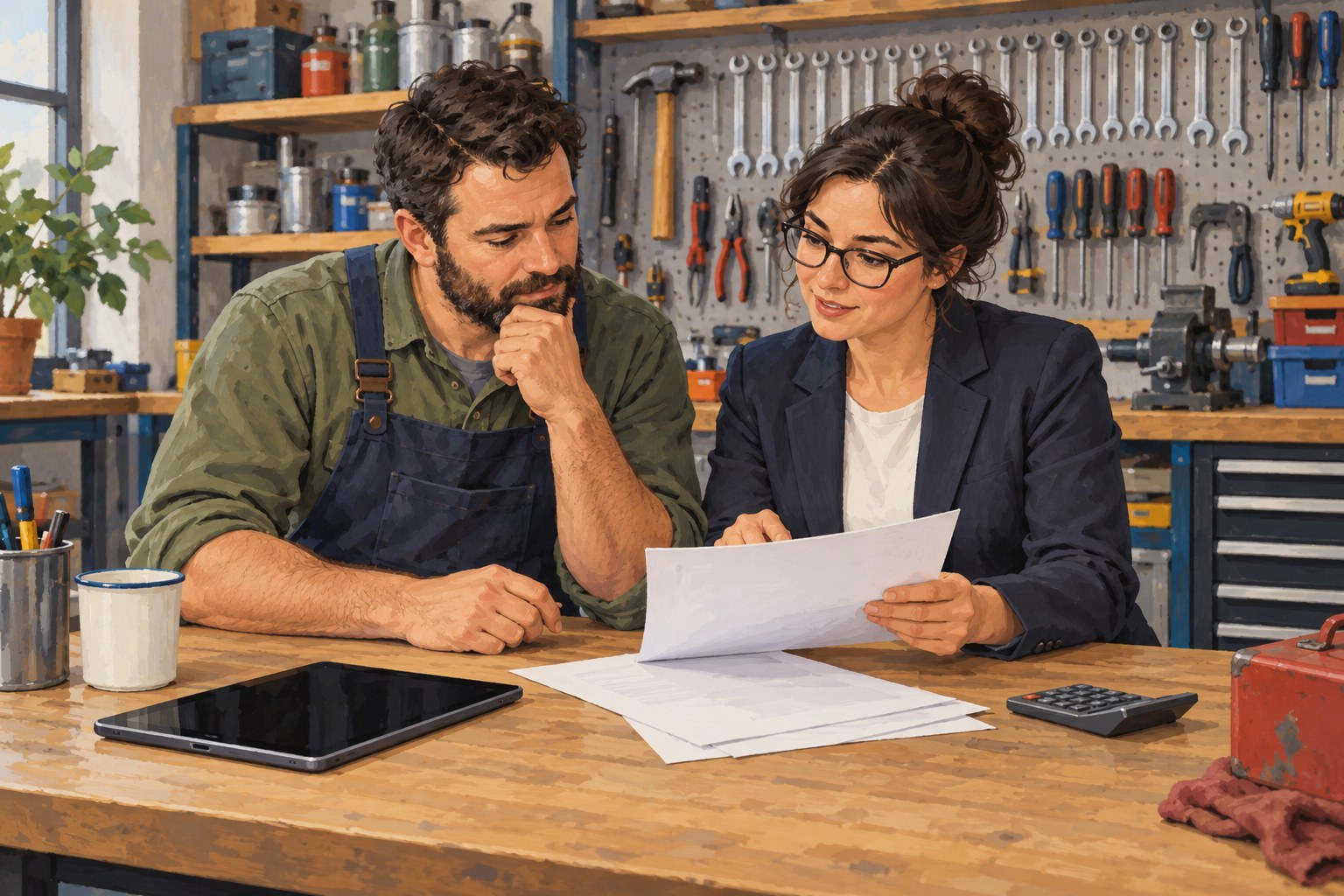 An illustrated repair-shop owner and adviser discuss blank documents at a workbench with tools in the background.