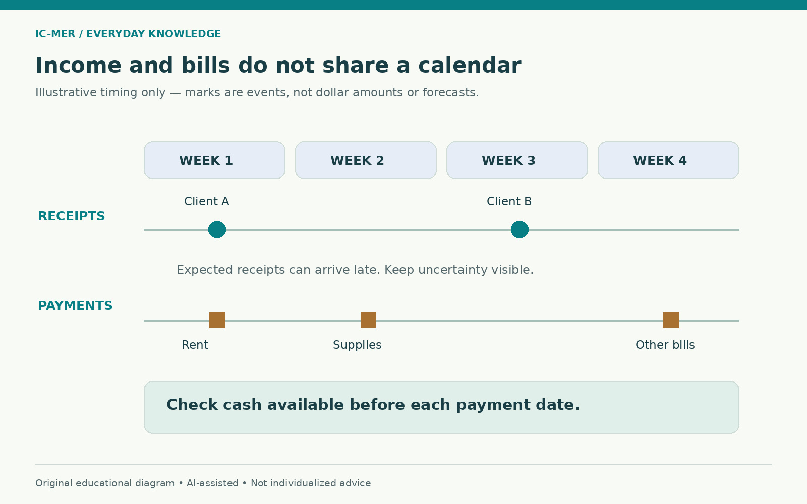 Illustrative four-week calendar separates client receipt events from rent, supply and other bill payments.