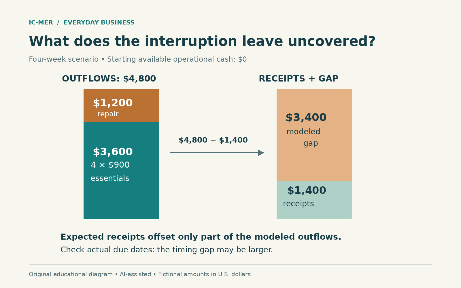 Fictional four-week outflows of $3,600 essentials plus $1,200 repair total $4,800. Expected receipts of $1,400 leave a modeled $3,400 gap, assuming no available opening operating cash.