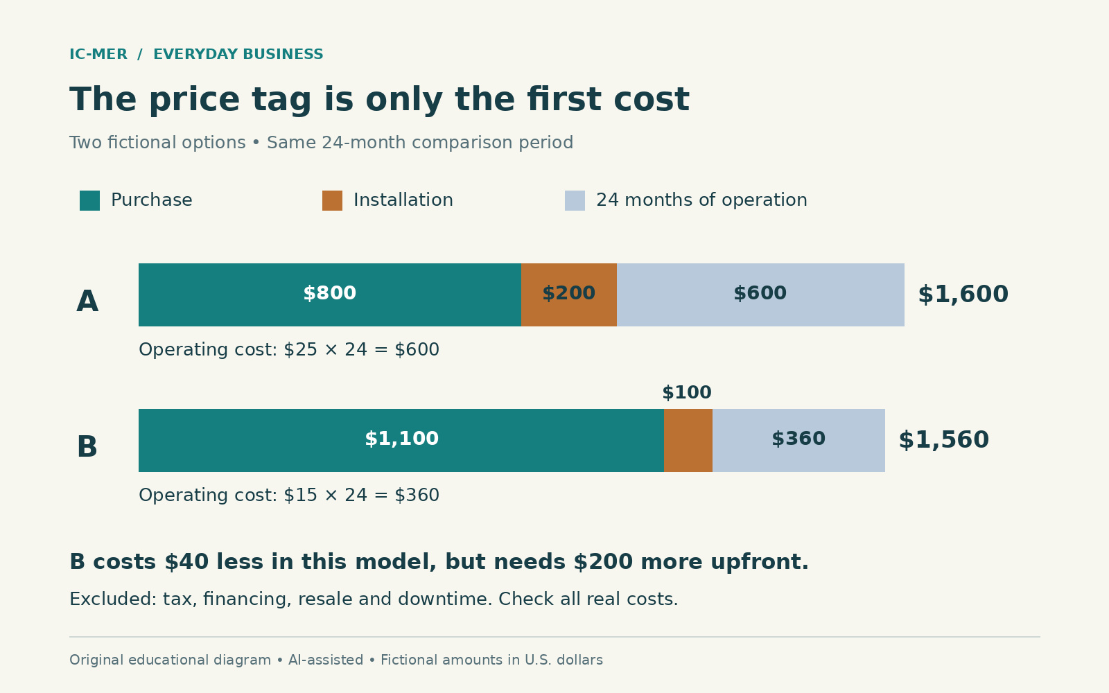 Proportional cost bars compare fictional 24-month totals: A costs $800 plus $200 plus $600, totaling $1,600; B costs $1,100 plus $100 plus $360, totaling $1,560.