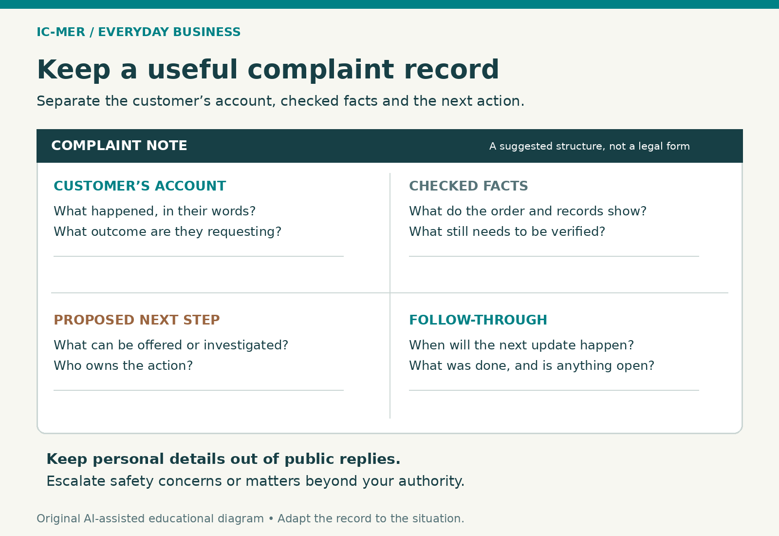 Suggested complaint note with four areas: customer's account and requested outcome; checked facts and unknowns; proposed next step and responsible person; next update and follow-through. Keep personal details private and escalate safety concerns.