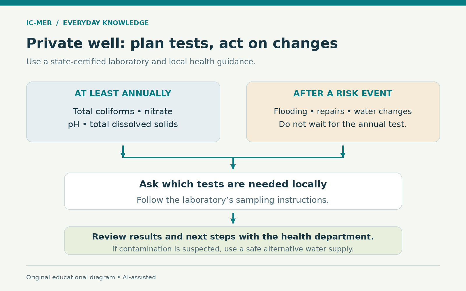 Well-testing workflow combines at-least-annual tests and extra checks after flooding, repairs or water changes. Ask about local tests, use a certified laboratory, review results with the health department, and use safe alternative water if contamination is suspected.