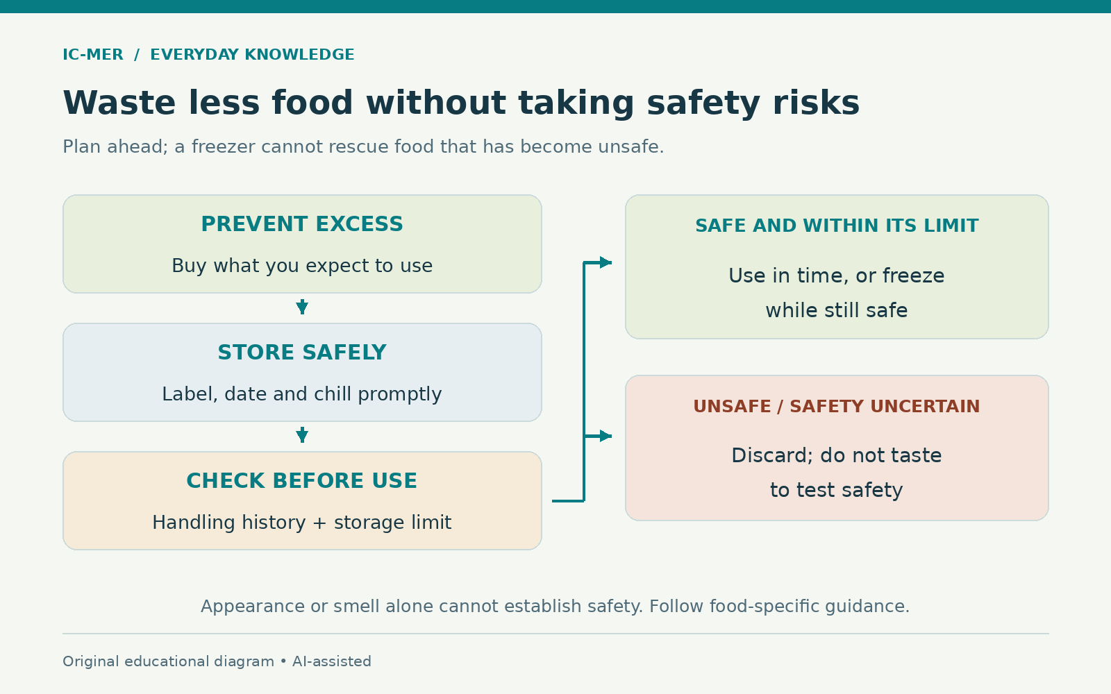 Food-waste prevention steps lead from buying expected quantities to safe storage and checking handling history and storage limits. Safe food may be used or frozen in time; unsafe food or uncertain safety means discard without tasting.