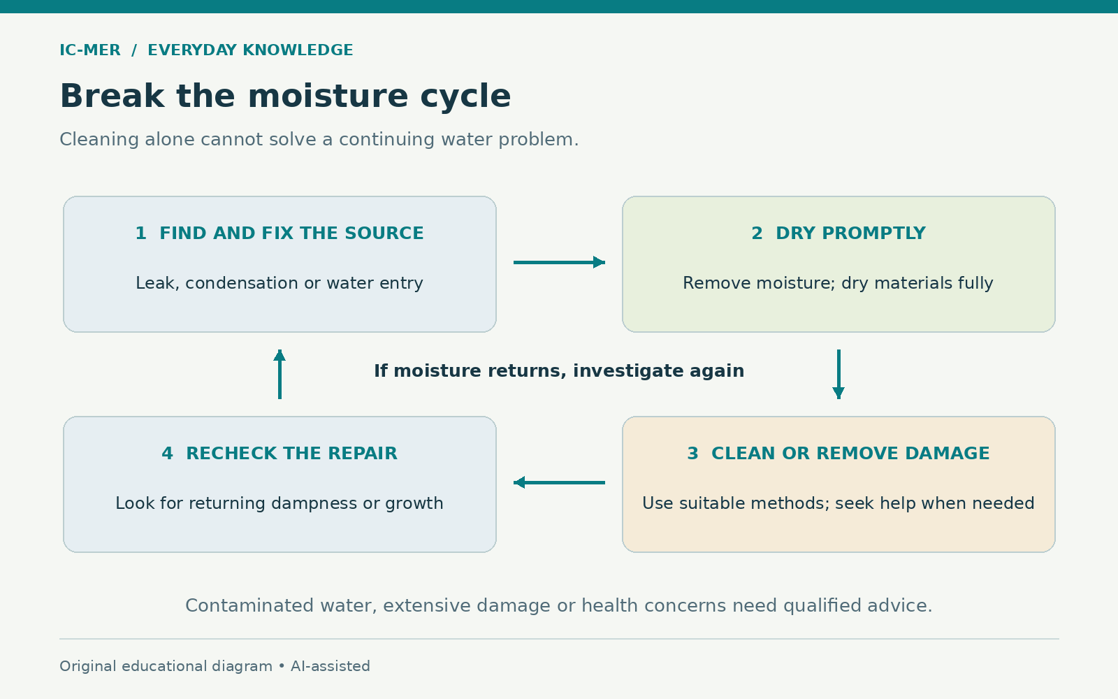 A four-part moisture cycle links finding and fixing the source, drying promptly, cleaning or removing damaged material appropriately, and rechecking repairs. Returning moisture leads back to investigation; contaminated water, extensive damage and health concerns need qualified advice.