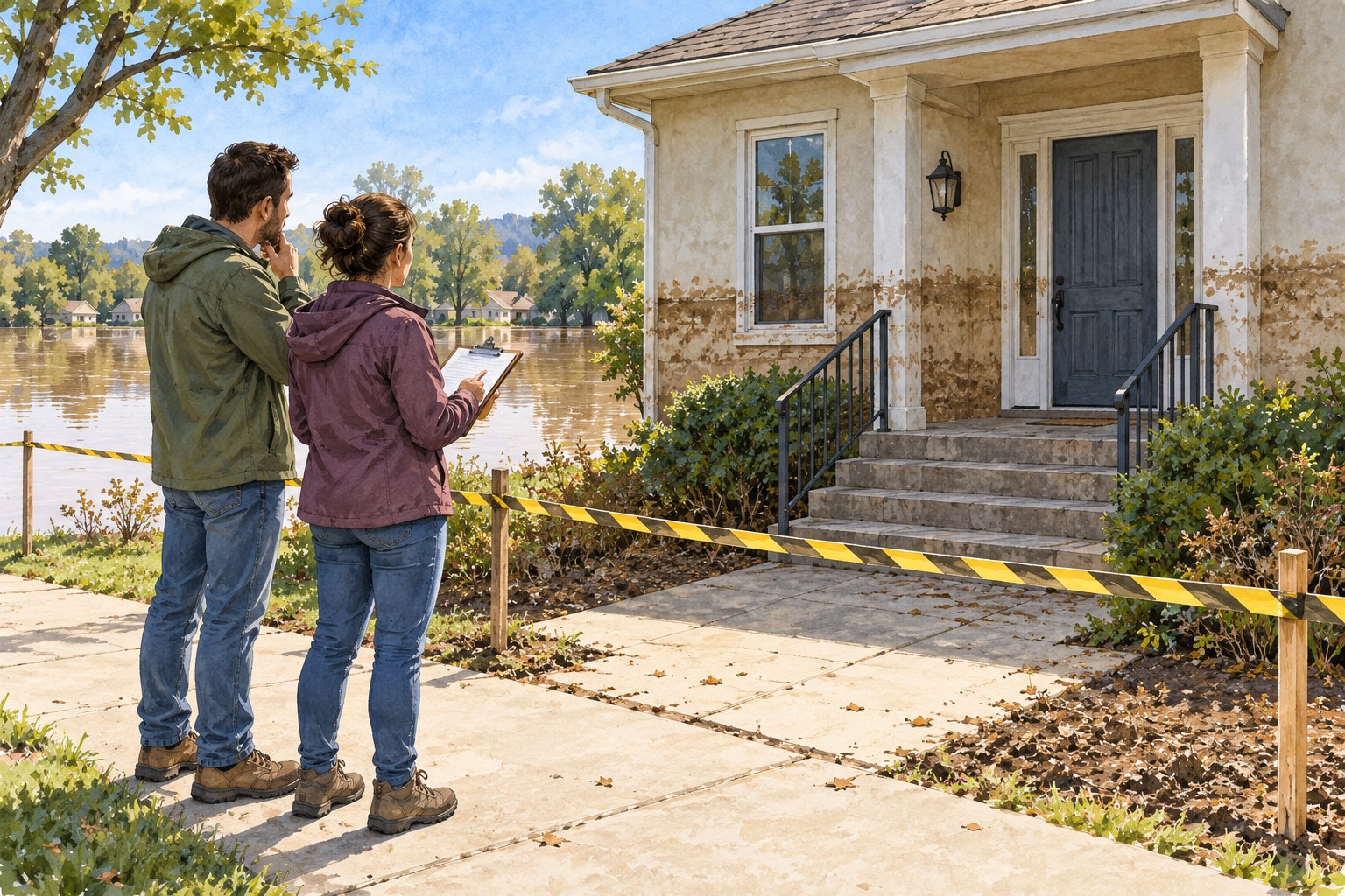 Two illustrated adults remain on dry pavement outside a taped-off flood-affected home while reviewing a clipboard.