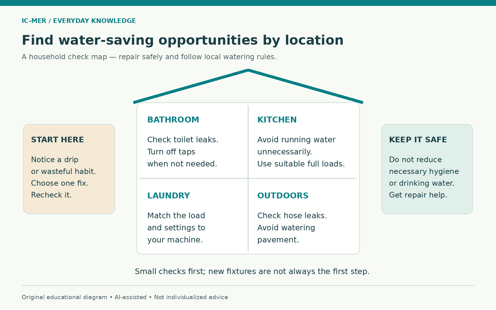 Household map locates water-saving checks in the bathroom, kitchen, laundry and outdoors, with hygiene and drinking-water safeguards.