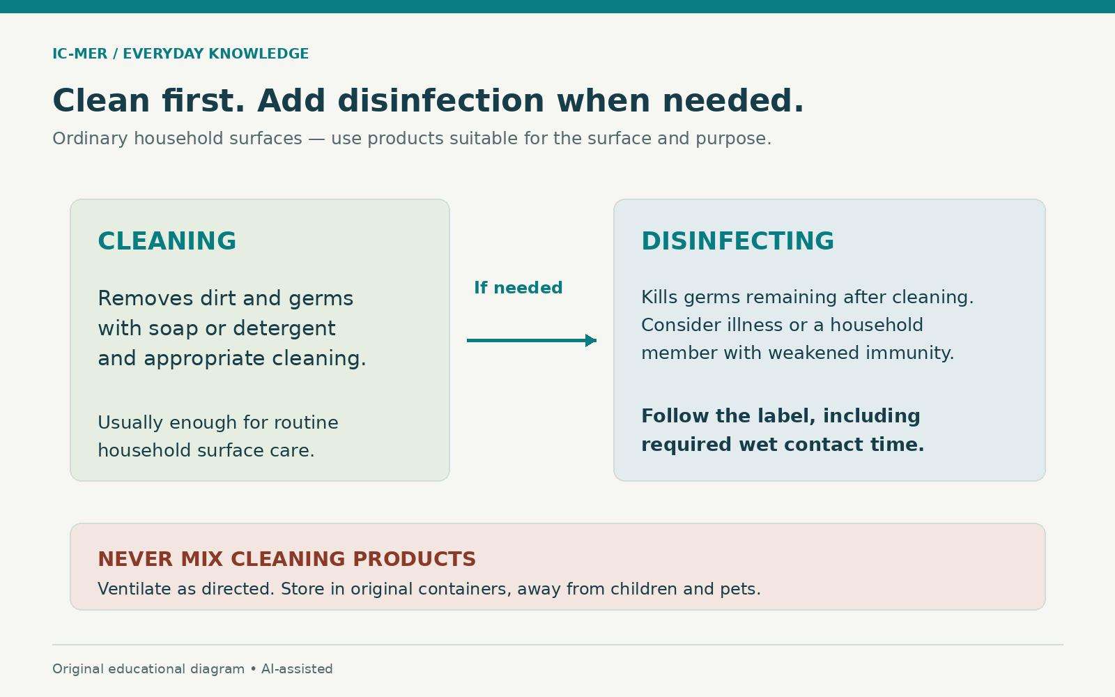 Cleaning removes dirt and germs; disinfecting kills germs remaining after cleaning when needed, such as household illness or weakened immunity. Follow label contact time, never mix products, ventilate and store safely.