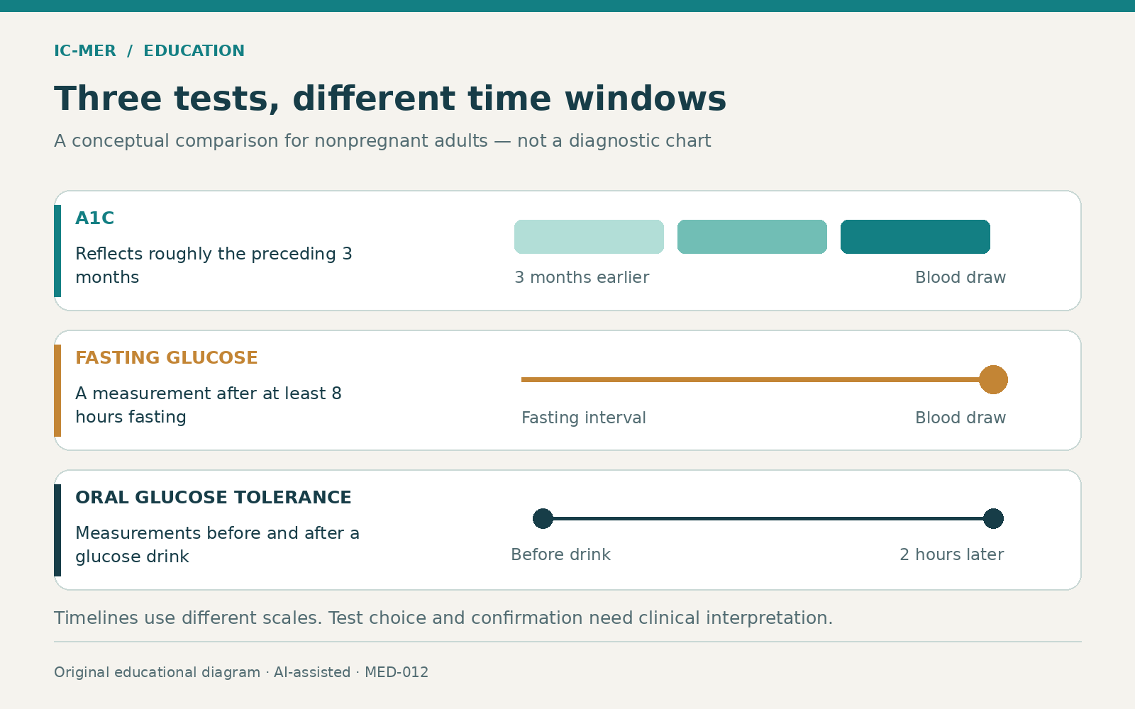 Three conceptual timelines compare A1C reflecting roughly the preceding three months, fasting glucose measured after at least eight hours fasting, and an oral glucose tolerance test with samples before the drink and two hours afterward. Timelines use different scales.
