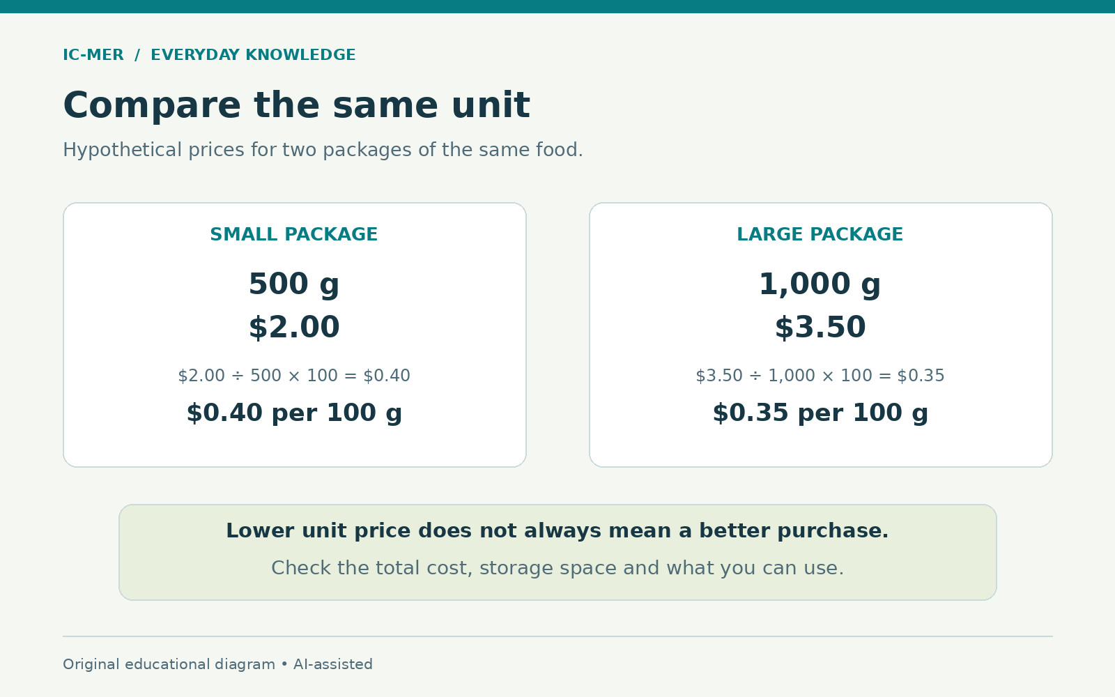 Hypothetical same-food packages: 500 grams for $2.00 costs $0.40 per 100 grams; 1,000 grams for $3.50 costs $0.35 per 100 grams. Compare total cost, storage and usable quantity as well as unit price.
