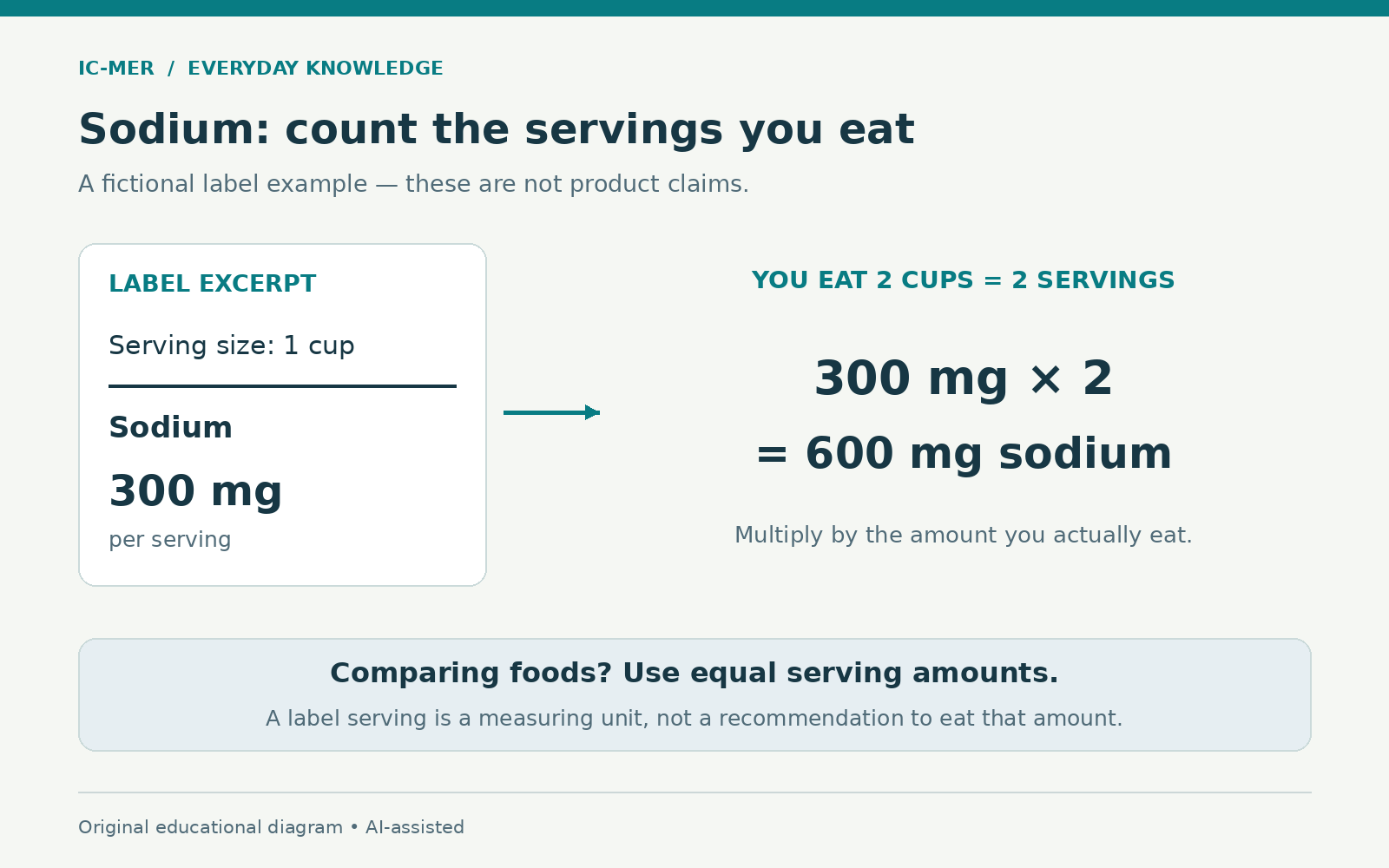 Fictional sodium label shows 300 milligrams per one-cup serving; eating two cups equals two servings and 600 milligrams. Compare foods using equal amounts.