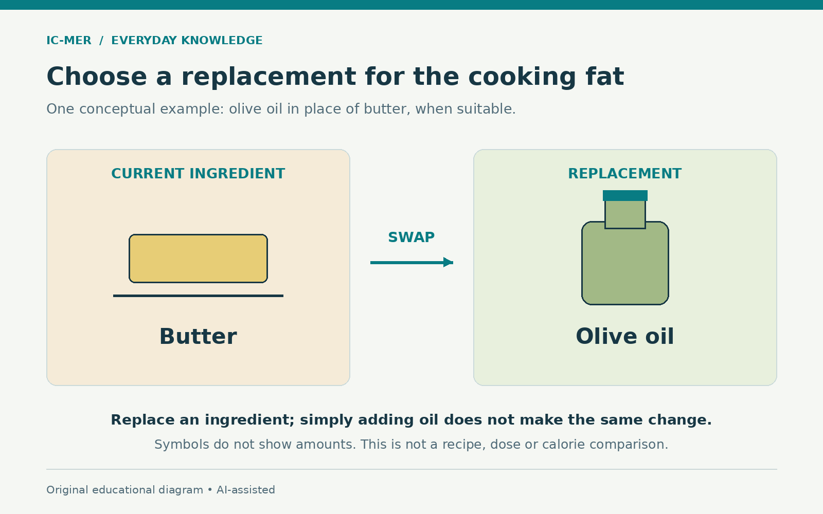 A conceptual cooking-ingredient swap from butter to olive oil, showing replacement rather than simply adding oil. Geometric symbols do not indicate quantities or equivalent calories.