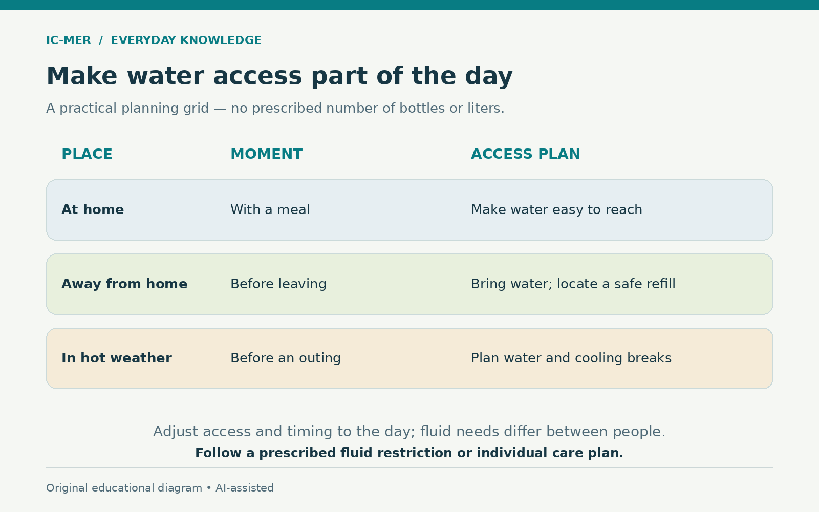 A hydration planning grid links place, moment and access: make water reachable at meals at home, bring water and locate safe refills before leaving, and plan water plus cooling breaks for hot-weather outings. Follow prescribed fluid restrictions.