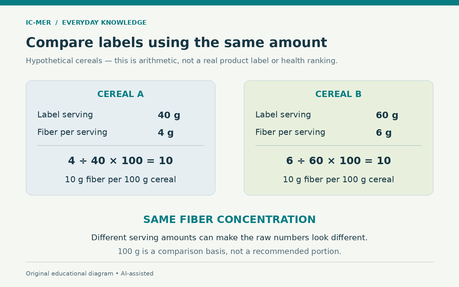 Two hypothetical cereal labels show 4 grams fiber per 40 grams and 6 grams fiber per 60 grams; both equal 10 grams fiber per 100 grams cereal. The comparison basis is not a recommended portion.