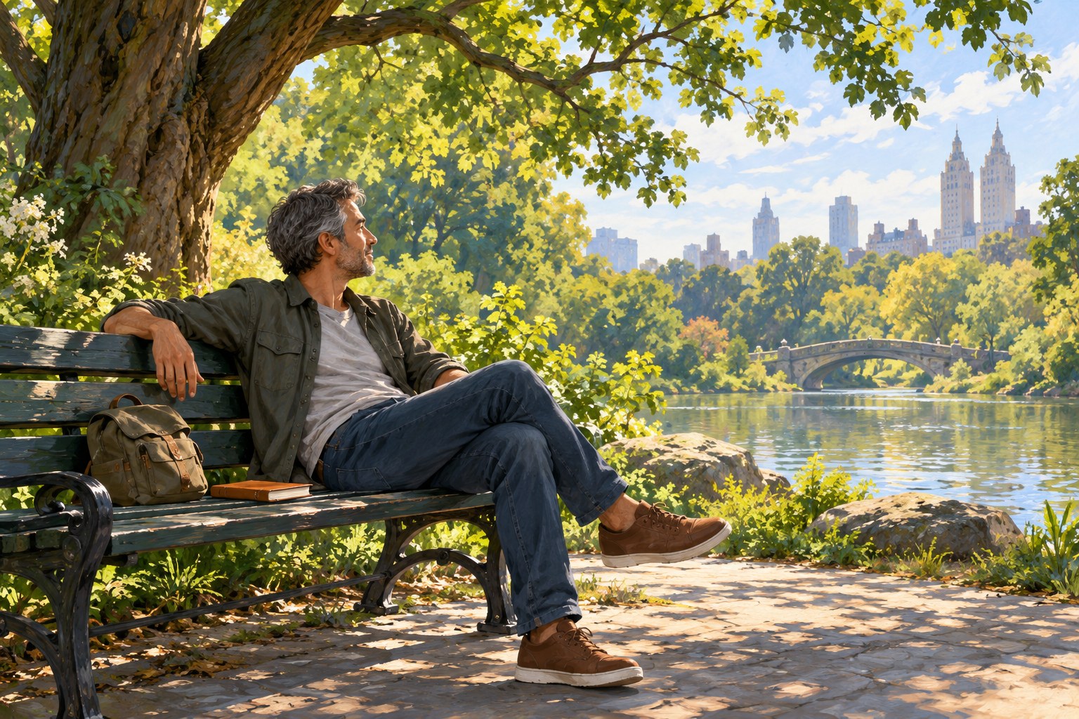 An illustrated adult pauses on a shaded park bench beside a closed notebook and bag, with trees and water nearby.