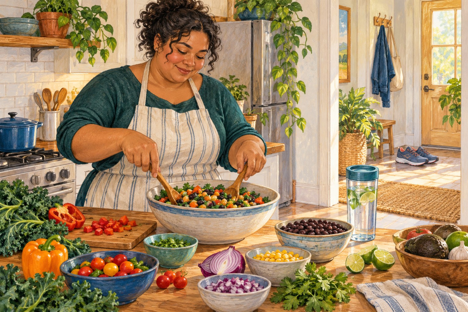 An illustrated adult prepares vegetables and beans in a home kitchen, with drinking water and walking shoes in view.