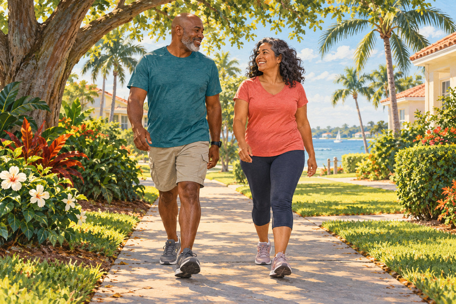 Two fictional adults take a relaxed walk together on a shaded residential sidewalk.