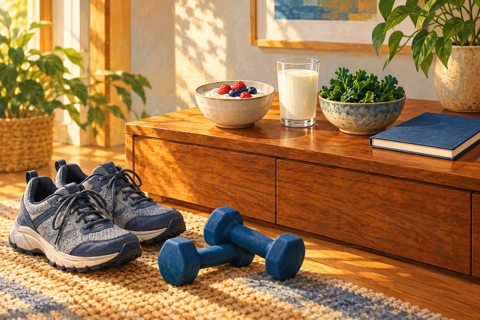 Walking shoes and small hand weights sit near yogurt, milk and leafy greens in an illustrated home still life.