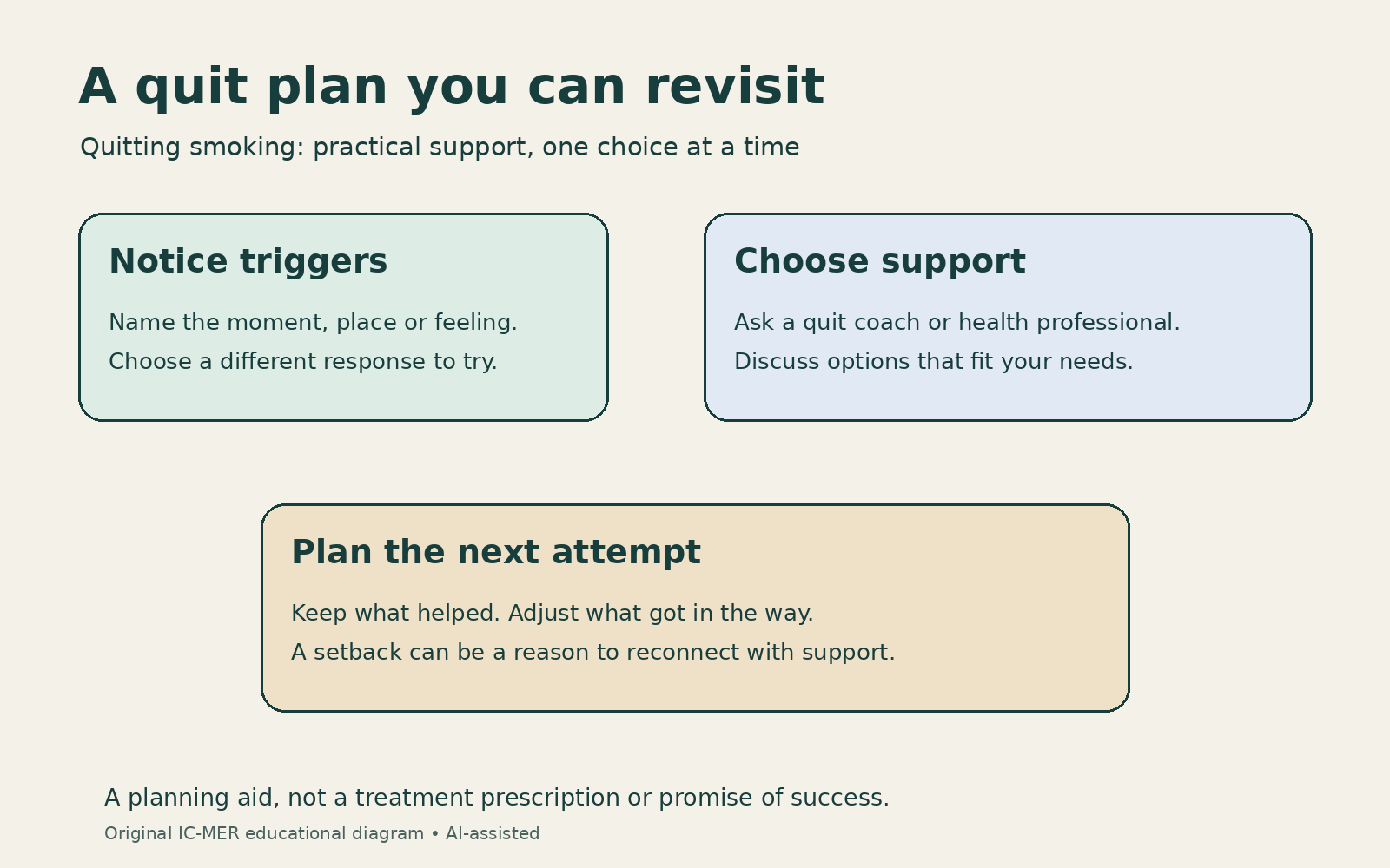 A quit plan to revisit: notice triggers and choose another response; choose support from a quit coach or health professional; plan the next attempt by keeping what helped and adjusting what got in the way. This is a planning aid, not a treatment prescription or promise of success.