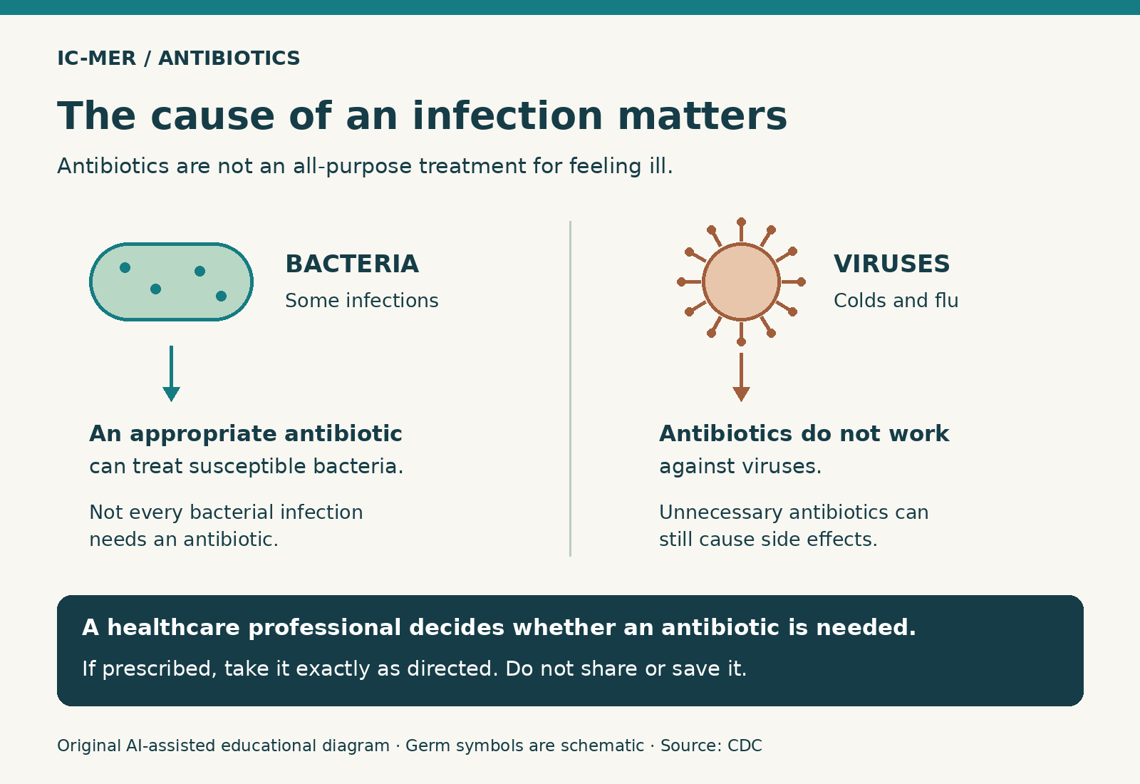 Schematic bacteria and virus comparison: an appropriate antibiotic can treat susceptible bacteria, but not every bacterial infection needs one. Antibiotics do not work against viruses. A healthcare professional determines need.